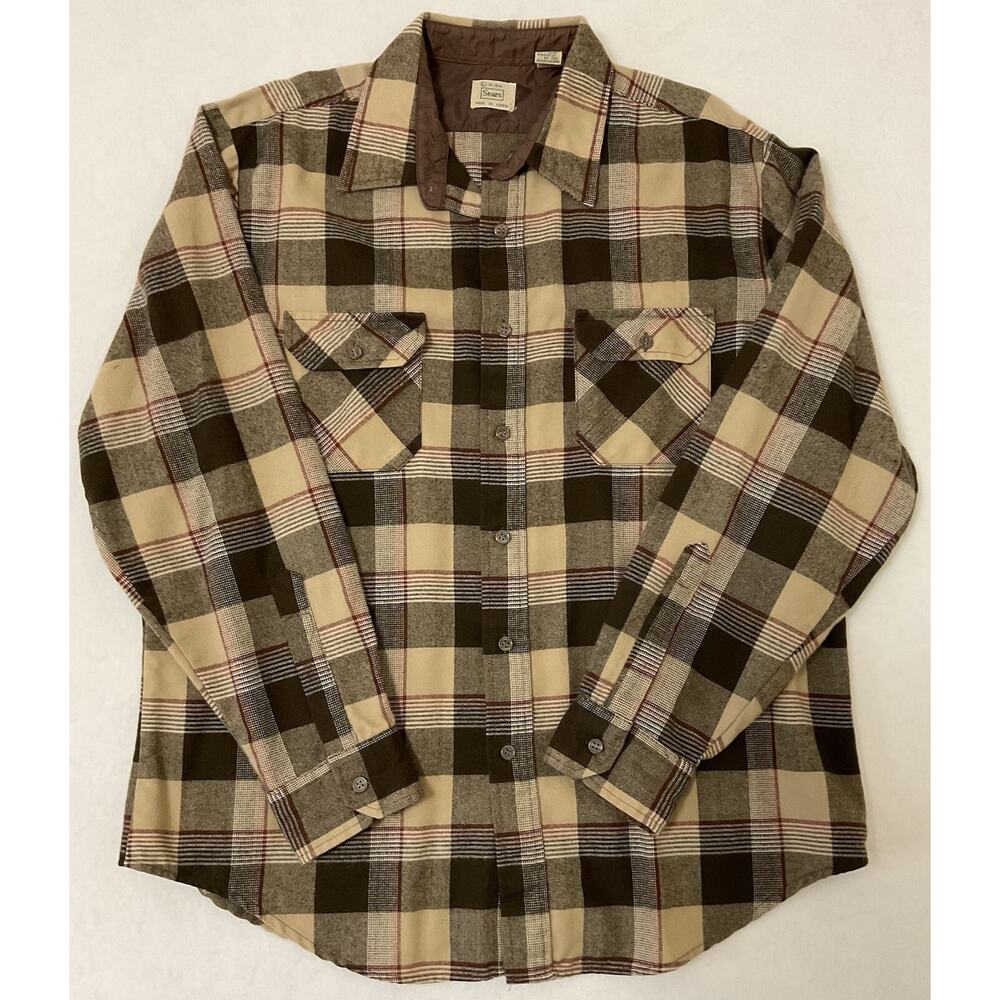 Vintage Sears Shirt M 16-16.5 B Long Sleeve Button Plaid Acrylic Brown Cream